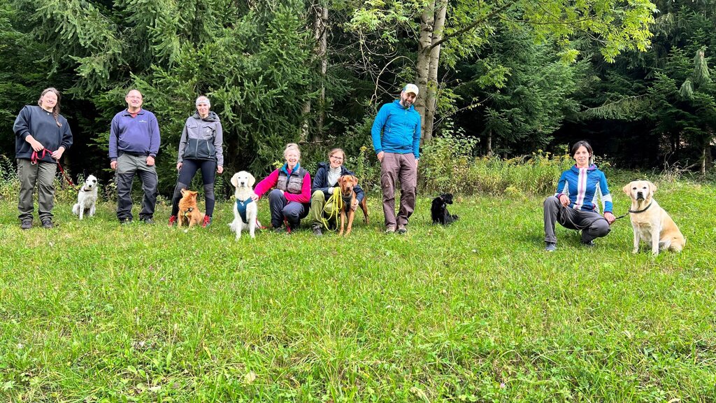 © Sandra Cresnar & KLAR! Murraum Leoben Hundehalter:innen mit ihren Hunden vor einem Wald