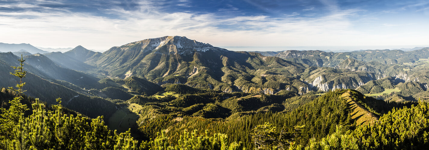 Ausblick über ein bergiges, mit Wald bedecktes, Gebiet