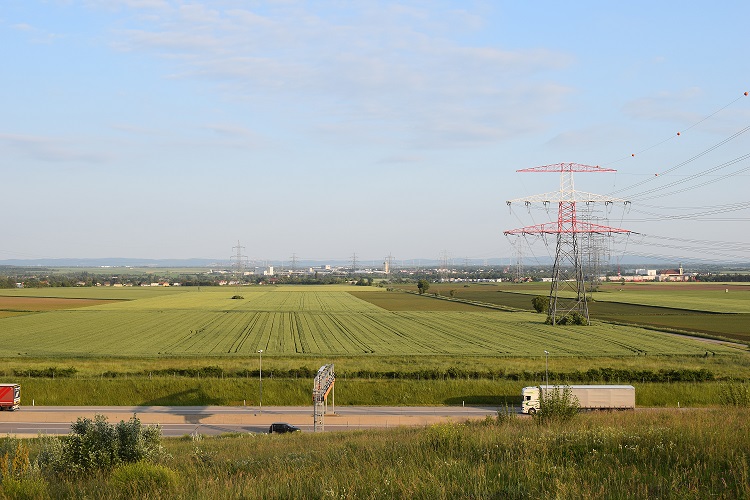 Zwei LKWs fahren auf einer Straße und dahinter ist ein Sendemast auf grünen Feldern.